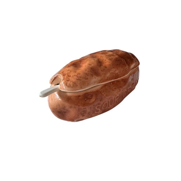 Vintage Baked Potato Shaped Sour Cream Dish with Lid, Ceramic Glazed Brown - Picture 2 of 5